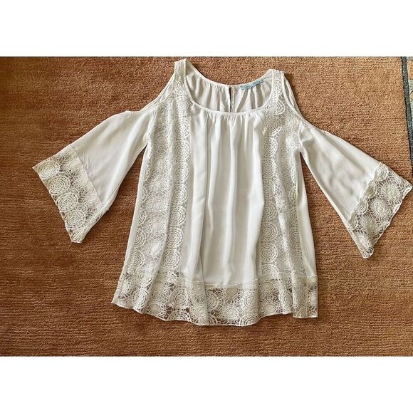 SOLITAIRE SWIM White Cold Shoulder Tunic Cover-Up Lace Inserts Size M - Picture 1 of 7